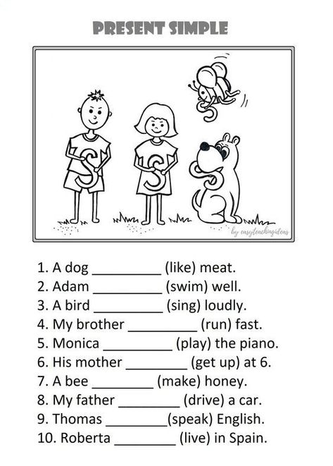 This is a fun worksheet for beginners to practice the present simple tense for he/she/it words by adding an -s. Simple Present Tense Worksheets, Present Simple Tense, Kids Worksheet, English Grammar Exercises, English Worksheets For Kindergarten, Grammar For Kids, English Activities For Kids, English For Beginners, English Worksheet