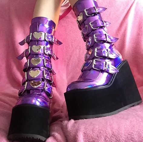 goth punk black pink grey gray purple holographic lovecore gothcore scenecore industrial nostalgia emo emocore nostalgiacore kidcore fashion Kidcore Fashion, Alt Shoes, Purple Goth, Demonia Boots, Purple Holographic, Goth Shoes, Alt Clothes, Demonia Shoes, Alt Outfits