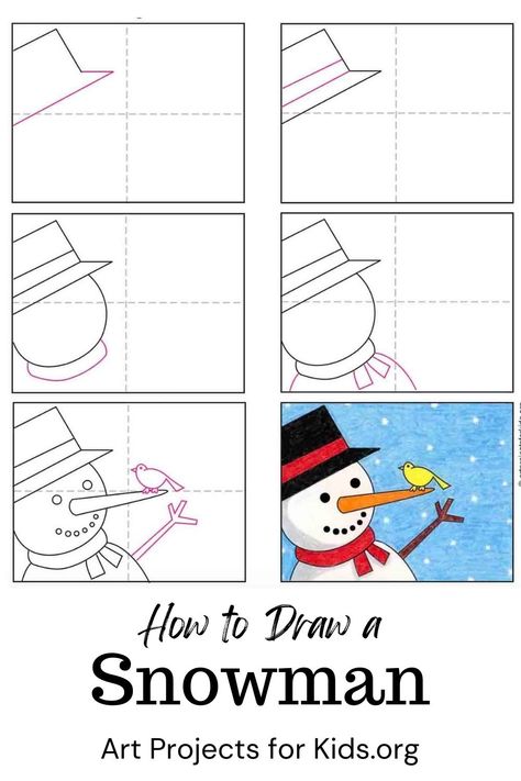 Learn how to draw a Snowman with an easy step-by-step PDF tutorial. #howtodraw #tutorial #drawing #drawingtutorial #arttutorial #artprojectsforkids #howtodrawforkids #snowman Snowman Step By Step Drawing, Directed Christmas Drawing For Kids, How To Drawing Ideas Easy, How To Draw A Winter Scene, How To Draw Presents, How To Draw A Snowman Step By Step, Christmas How To Draw, Step By Step Drawing Christmas, How To Draw Winter