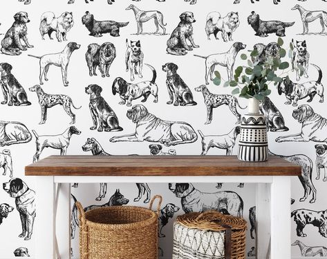 Ultimate Dog Wallpaper. Hand Drawn Design. Removable and Self Adhesive. - Etsy Brasil Dog Cat Wallpaper, Black And White Dog, Dog Wallpaper, Paper Wallpaper, White Dogs, Hand Drawn Design, Animal Wallpaper, I Wallpaper, Self Adhesive Wallpaper