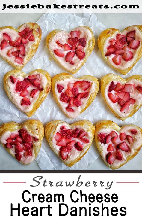 These beautiful strawberry cream cheese heart danishes are perfect for Valentines Day or any breakfast you want to make special. This easy to do recipe tastes amazing. The sweet cream cheese matched with fresh strawberries and shaped in a cute heart shape makes the perfect danish. Heart Shaped Danish, Heart Shape Desserts, Strawberry Cream Cheese Danish, Heart Shaped Baking, Heart Danish, Valentines Recipes, Heart Desserts, Valentines Breakfast, Valentines Baking