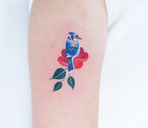 Bird Flower Tattoo, Homemade Tattoo Ink, Pink Tattoo Ink, Blue Jay Tattoo, Jay Tattoo, Bird And Flower Tattoo, Blue Ink Tattoos, Tattoo Ink Colors, Red Bird Tattoos