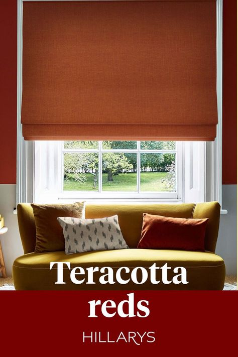 Warm terracotta colour Roman blind clos up at a large window with a yellow sofa underneath. Touch Of Spice, Summer Color Palette, Roman Blind, Red And Orange, Curtain Designs, Roman Blinds, Free Sample, Summer Colors, Shades Of Red