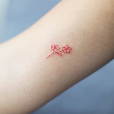 Red Ink Minimalist Tattoo, Minimalist Red Tattoo, Red Flowers Tattoo, Red Flower Tattoo, Inner Wrist Tattoos, Red Flower Tattoos, Button Tags, Flower Wrist Tattoos, Red Tattoos