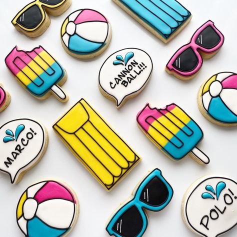 Sunglasses Decorated Cookies, Pool Party Decorated Cookies, Comic Cookies Decorated, Decorated Cookies Summer, Popsicle Sugar Cookies, Beachball Cookies, Summer Theme Sugar Cookies, End Of Summer Cookies, Pool Party Sugar Cookies