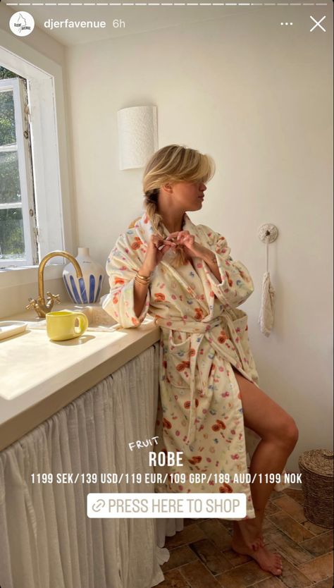 Matilda Djerf Dressing Gown, Djerf Avenue Dressing Gown, Matilda Djerf Robe, Bath Robe Aesthetics, Djerf Robe, Djerf Avenue Robe, Dressing Gown Aesthetic, Fruit Dressing, Gown Aesthetic