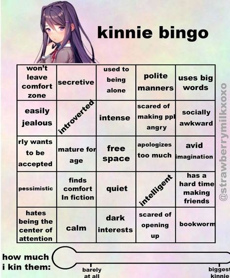 requested by @Pinetree1800 !! Yuri Kinnie Bingo, Yuri Kinnie, Kinnie Bingo, About Me Template, Bingo Template, Comfort Words, Character Template, Bingo Board, After Life