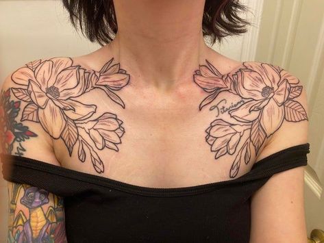 Louisiana Inspired Tattoos, Japanese Magnolia Tattoo, Louisiana Tattoos, Clavical Tattoos, Louisiana Tattoo, Japanese Magnolia, Magnolia Tattoo, Prison Tattoos, Inspired Tattoos