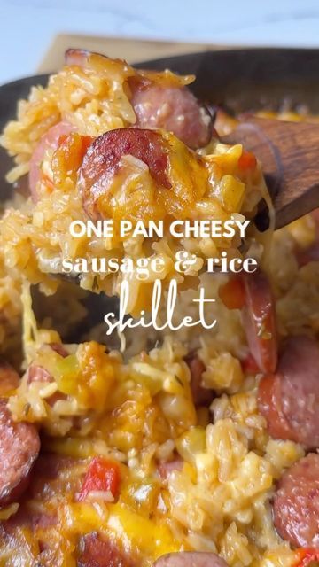 One Pan Cheesy Sausage & Rice Skillet Cheesy Sausage Rice, Cheesy Sausage And Rice, Sausage Rice Skillet, Sausage And Rice Skillet, Skillet Pan Recipes, Sausage And Rice, Sausage Rice, Seasoned Rice Recipes, Rice Skillet