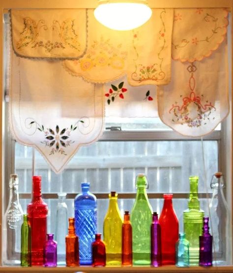 20 DIY Ideas for Windows | Hometalk Farmhouse Style Curtains, Curtain Alternatives, Old Vases, Kitchen Window Treatments, Bathroom Windows, Faux Stained Glass, Curtains With Rings, Diy Curtains, Curtains Window Treatments