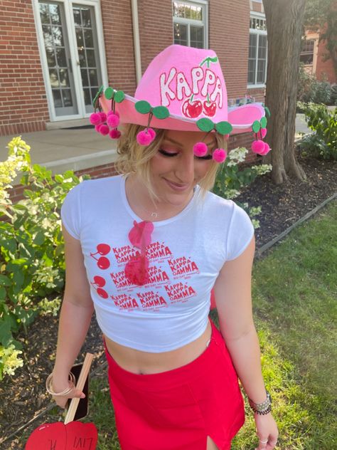 Sorority Cowboy Hat, Cowboy Sorority Theme, Cowboy Bid Day Theme, Kappa Kappa Gamma Bid Day, Cherry On Top Bid Day, Cherry Bid Day Theme, Cowboy Hat Diy, Adpi Merch, Rush 2013