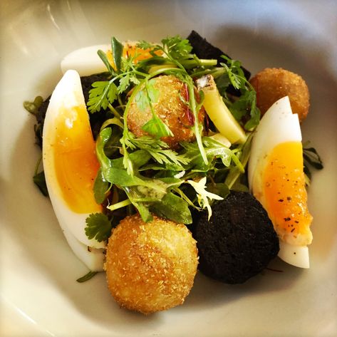 Black Pudding Salad, Duck Confit Salad, Micro Herbs, Duck Confit, Black Pudding, Duck Eggs, Duck Fat, Salad Leaves, Bon Bon