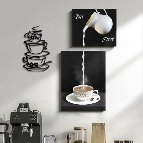 PRICES MAY VARY. Comes with 2pcs of kitchen coffee wall art, size: 12x16 inch and 12x10inch, made of high quality waterproof canvas, stretched with solid wood frame; Also 1pc coffee sign will be included in the package, size: 6.7x10 inch. Comes ready for wall hanging, no additional hanging tools required. Printed with high definition archival inks to ensure longevity without fading, colors are vibrant and pop out of your space. Perfect for coffee bar or home kitchen, dining room decor, also a gr Coffee Bar Wall Decor, Coffee Bar Wall, Modern Home Kitchen, Office Coffee Bar, Coffee Wall Art, Coffee Wall, Bar Wall Decor, Office Coffee, Bar Wall