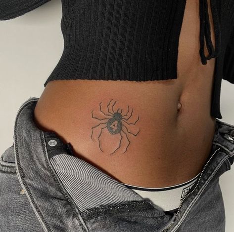 Cute Small Tats For Women, Cute Anime Tattoos For Women, Scorpio Tramp Stamp Tattoo, Spider Tattoo On Waist, Spider Tattoo For Women Stomach, Tats Black Woman, Spider Belly Tattoo, Anime Tattoo Women, Anime Tattoos Women