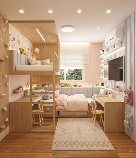 Room Ideas For Three Sisters, Two Girl Room Ideas, Girls Bedroom 2 Beds, Double Girls Bedroom Ideas, 2 Girl Bedroom Ideas, Kids Room Two Beds, Bunk Bed Girls Room Ideas, Mom And Daughter Room Sharing Ideas, Three Girls Bedroom