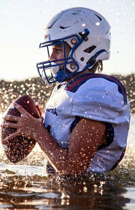 Sports Photography Action Shutter Speed, Senior Football Pictures In Water, Football Water Photography, Water Football Pictures, Football Water Pictures, Athletic Photos, Senior Football Pictures, Senior Football Photography, Senior Pictures Water