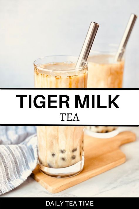 Create this indulgent milk tea at home with only 4 simple ingredients! Another popular bubble tea recipe, tiger milk tea is combines the wonderful flavors of rich black tea with brown sugar, and milk, and mixed with boba, cooked to perfection! Tiger Milk Tea, Iced Black Tea Recipe, Pumpkin Chai Tea, Black Tea Recipe, Boba Tea Recipe, Iced Chai Tea Latte, Bubble Tea Recipe, Tea Latte Recipe, Milk Tea Recipes