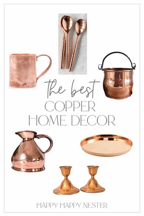 Copper is popular, so let's take a look at some Antique Copper Decor and More. This collection has everything from cauldrons to candlesticks and much more! Copper Living Room Decor, Copper Gift Basket, Copper Decor Living Room, Martha Stewart Copper Collection, Copper Decor Accents, Copper Candle Holder Diy, Copper Mugs Decor, Copper Candlesticks, Copper Living Room