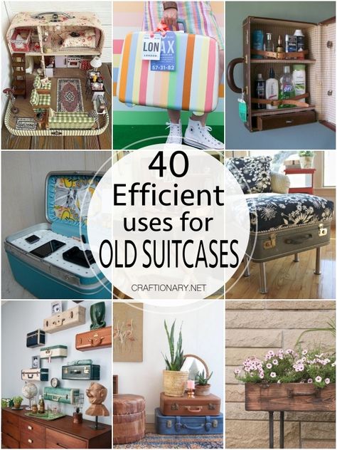 40 Efficient uses for old vintage suitcase - Craftionary Ideas For Vintage Suitcases, Repurposed Vintage Suitcase, Vintage Suitcase Shelves, Things To Do With Old Suitcases, Suitcase Decorating Ideas, Upcycle Old Suitcase, Ideas For Old Suitcases, Old Luggage Repurpose Ideas, Vintage Luggage Repurposed