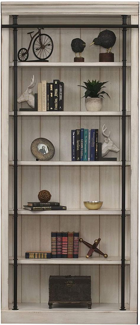 PRICES MAY VARY. Two bookcase wall and ladder Five adjustable shelves for cherished memories and collectibles Ringed steel frame for elegant look Hand applied multi-step finish enhances the natural grain and beauty of the wood Sized to fit perfectly in rooms with 8" ceilings Slim Shelving Unit, Tall Wall Shelves, Dark Bookshelf Styling, Ladder Wall Shelf, Shelf For Office, White Bookcases, Ladder Storage, Tall Bookcase, Tall Bookcases