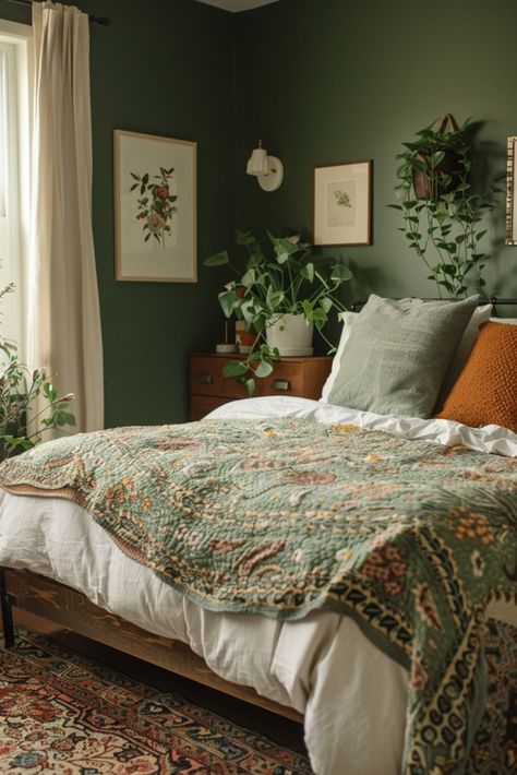 Home Bedroom Decor Ideas, Nature Inspired Decor Bedroom, Cottage Core Bedroom Colors, Guest Room Ideas Green, Earthy Room Ideas Bedroom, Bedroom Inspiration Colorful, Sage And Orange Bedroom, Cozy Adult Bedroom Ideas, Sage Green Guest Bedroom