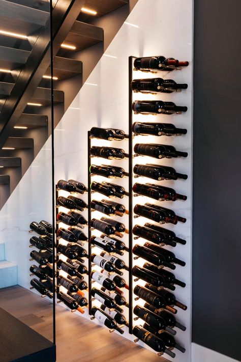 Wine Storage In Office, Wall Wine Rack Ideas, Wine Cellar Under Stairs, Home Cellar, Bar Under Stairs, Under Stairs Wine Cellar, Wine Wall Display, Wine Cellar Wall, Wine Storage Wall