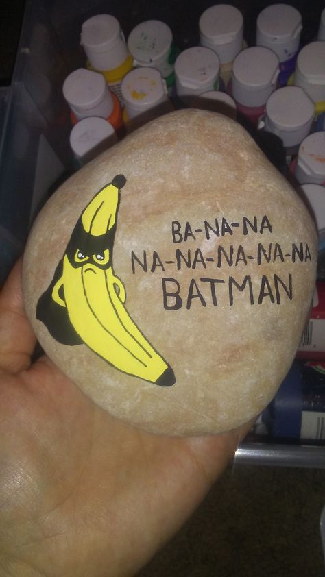 Banana Batman inter rock. Funny painted rock. 801 rocks Painting Ideas Fish, Funny Rocks, Acai Recipes, Stone Paintings, Shell Painting, Sonic Videos, Lake Ideas, Funny Rock, Koi Ponds