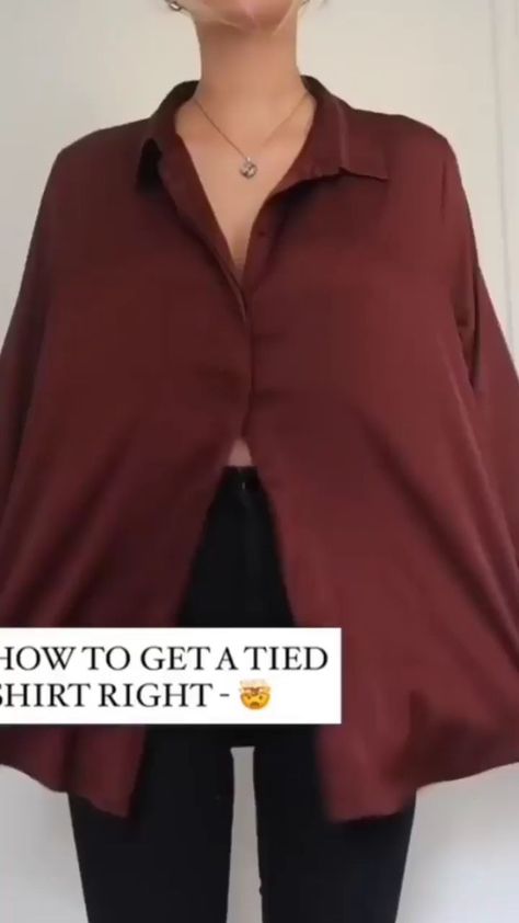 fashionador on Instagram: SO satisfying 🙊 how to tie a shirt perfectly! Tag someone who’d try 🙌 • Love Fashion? Follow👉 @FashionAdor Courtesy of @fashioninflux… Styling Men's Shirts For Women, How To Tie Shirt Over Dress, Collared Shirt Hack, Tie Shirt Over Dress, Mens Shirt Hacks For Women, How To Style Chemise, Top With Shirt Outfit, Baggy Shirt Hack, Shirt Wearing Style Women