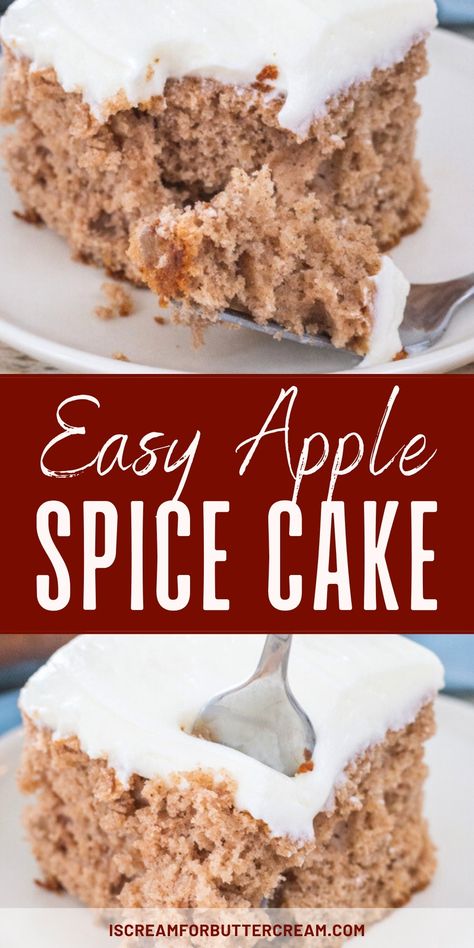 an image collage of two picture of apple spice cake topped with cream cheese icing with a text overlay that reads "Easy Apple Spice Cake". Apple Cake With Cake Mix Recipes, Apple Spice Cake Using Box Cake And Applesauce, Box Spice Cake Mix Ideas Apple, Easy Spice Cake Mix Recipes, Quick And Easy Cake Mix Desserts, Spiced Cake Mix Recipes, Apple Spice Cake Using Box Cake, Easy Cake Mix Desserts, Spice Cake Mix Recipes