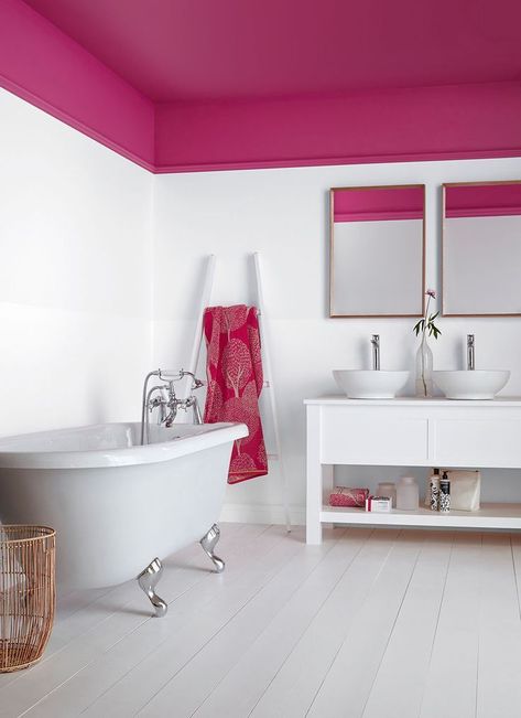 The focal point is the pink ceiling. My eye jumps around to the other pink objects (such as the towel). Best Bathroom Paint Colors, Bathroom Painting, Colourful Bathroom, Pink Ceiling, Double Vanities, Crown Paints, Bright Bathroom, Bathroom Paint, Victorian Bathroom