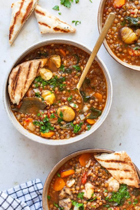 A delicious Italian Lentil and Chestnut Stew that is perfect for cold fall days! Warm & comforting, easy, vegan & gluten-free recipe. Yellow Lentils, Garlic Naan, Brown Lentils, Vegan Gluten Free Recipes, Winter Recipes, Fall Days, Stew Recipes, Winter Food, Naan