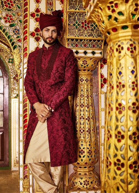 #Maroon #Sherwani #Men's wear Sherwani For Men Wedding, Wedding Kurta For Men, Dresses For Men, Groom Dress Men, Wedding Outfits For Groom, Wedding Dresses Men Indian, Sherwani Groom, Wedding Sherwani, Anita Dongre