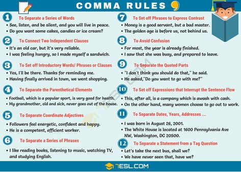 Comma Rules (,) When to Use Commas in English - 7 E S L Comma Rules Anchor Chart, Comma Punctuation, Commas In Sentences, Using Commas, When To Use A Comma, When To Use A Comma Anchor Chart, Articles In English Grammar, Coordinate Adjectives, When To Use Commas