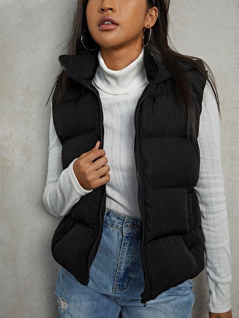 Black Casual  Sleeveless Polyester Plain Puffer  Non-Stretch Fall/Winter Women Outerwear Sleeveless Puffer Jacket Outfit, Sleeveless Jacket Outfit, Vest Jacket Outfit, Black Puffer Vest Outfit, Puffer Vest Outfit, Vest Outfits For Women, Vest Puffer, Club Attire, Puffer Jacket Outfit