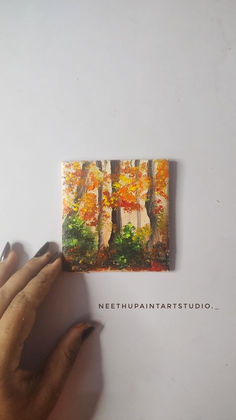 Autumn forest landscape Simple Fall Landscape Painting, Autumn Mini Canvas Painting, Mini Fall Canvas Paintings, Small Fall Paintings On Canvas, Mini Canvas Collage, Mini Canvas Art Fall, Mini Forest Painting, Mini Fall Paintings, Autumn Canvas Painting Ideas