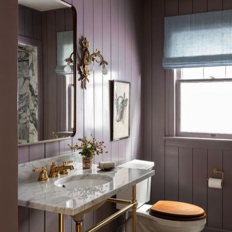 THE DOWNSTAIRS F**KIN LOO Small Colorful Bathroom, Mauve Bathroom, Modern Farmhouse Bathroom Ideas, Colorful Bathrooms, Color Bathroom Design, Best Bathroom Paint Colors, Wood Toilet Seat, Purple Bathrooms, Bathroom Paint