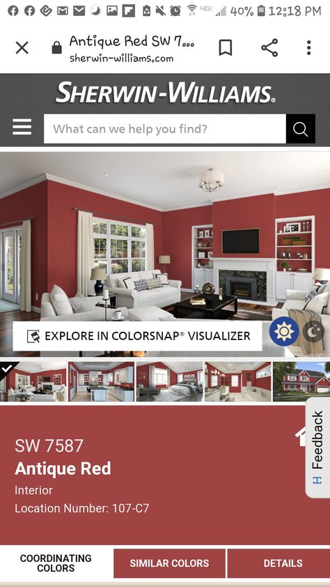 Secondary Color SW Antique Red 7587 Red Paint Colors, Sherwin Williams Paint Colors, Exterior Paint Colors, Red Paint, Sherwin Williams, Paint Color, Exterior Paint, Painting Projects, Color Palettes