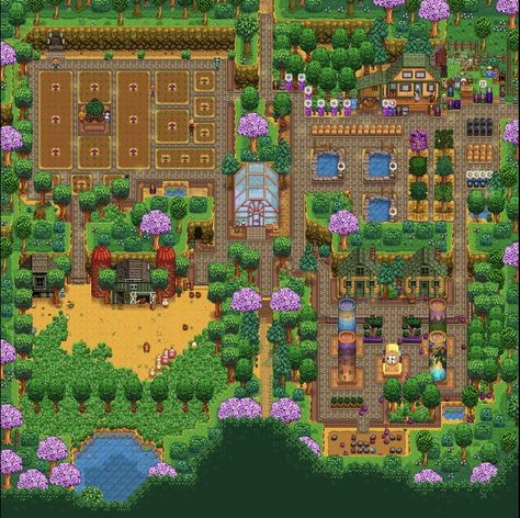 four corners perfection farm layout by yours truly. Four Corners Farm, Stardew Valley Farm Layout, Stardew Valley Farm, Stardew Farms, Stardew Valley Layout, Stardew Valley Tips, Stardew Valley Farms, Star Valley, Farm Plans