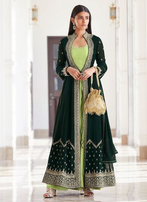 Green and Mint Embroidered Jacket Style Suit Green Anarkali Suits, Georgette Jacket, Indian Anarkali Dresses, Gown With Jacket, Indian Anarkali, Frock Designs, Georgette Anarkali, Designer Anarkali Suits, Party Wear Gown