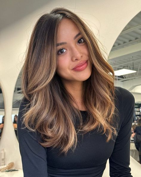 Brown Wolfcut With Highlights, Fall Hair Asian, Demi Tebow Hair, Balayage Hair For Morena Skin, Side Part Highlights, Light Brown Balayage On Dark Hair, Balayage Hair Straight, Brown Fall Hair, Partial Balayage