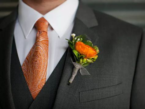 Orange Boutonniere, Orange Ranunculus, Orange Tulips, Lapel Flower, Paisley Tie, Boutonniere Wedding, Orange Wedding, Event Details, Button Flowers