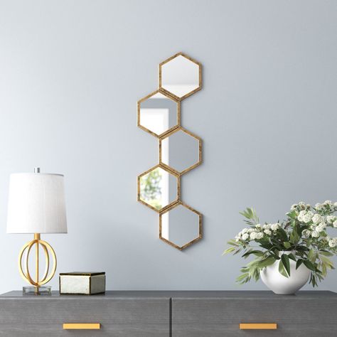 Decor Above Sofa, Hexagon Mirror Wall Decor, Honeycomb Mirror, Hexagon Decor, Hexagon Mirror, Hall Mirrors, Modern Wall Shelf, Mirror Display, Shop Garage