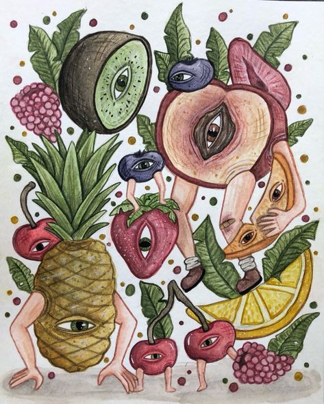 Surreal Food Art, Weird Watercolor, Surrealism Watercolor, Dark Surreal Art, Surreal Watercolor, Weird Fruit, Fruit Sketch, Sketchbook Assignments, Sketches Ideas