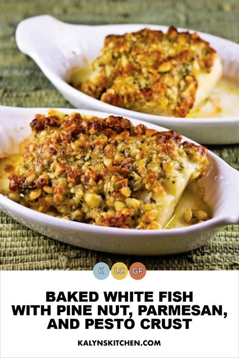 Try this Baked White Fish with Pine Nut, Parmesan, and Pesto Crust for a low-carb dinner idea that always feels like something special. And this tasty baked fish dinner couldn't be easier to make. [found on KalynsKitchen.com] #BakedWhiteFish #BakedFishRecipe #LowCarbFish Baked Fish Dinner, Pesto Fish, Baked White Fish, Fish Recipes Baked, Gluten Free Main Dishes, Pine Nut, Carb Dinner, Food Contest, Lchf Recipes