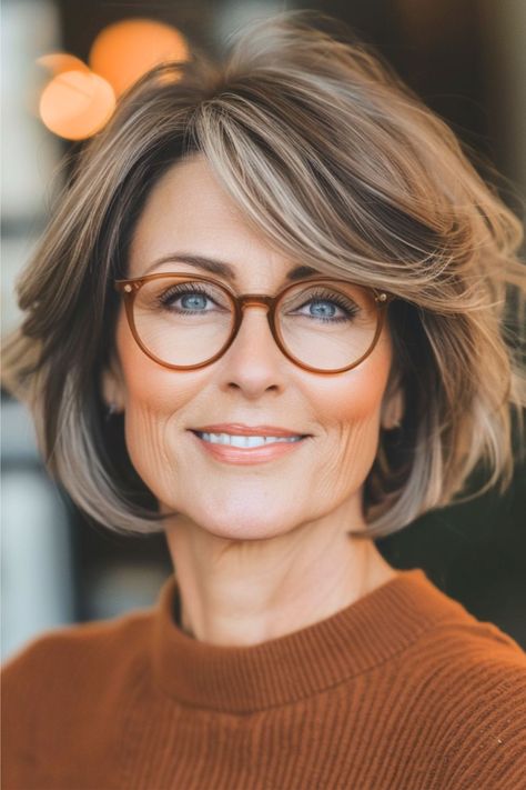 Layered Bob with Swooping Bangs Hairstyle for Women Over 50 with Glasses. 40 Year Old Women, Hairstyles With Glasses, Gorgeous Hairstyles, Chin Length Hair, Hairstyles For Women Over 50, Messy Short Hair, Haircuts For Medium Hair, Chic Hairstyles, Short Hair Haircuts