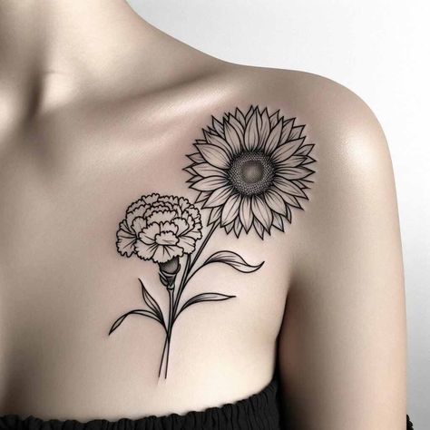 Carnation And Sunflower Tattoo, Partner Tattoos, January Birth Flower, Carnation Tattoo, February Birth Flowers, January Birth Flowers, Amaryllis Flowers, Birth Flower Tattoos, Sunflower Tattoos