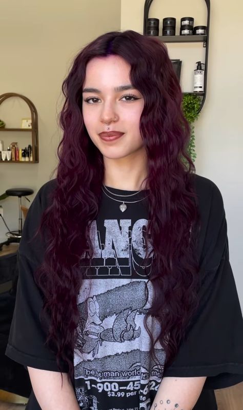 Grunge Hair Inspo Color, Burgundy Hair With Brown, Black Magenta Hair, Dark Purple And Red Hair, Plum Brunette Hair, Purple Reddish Hair, Brown Plum Hair, Maroon Purple Hair, Colored Curly Hair Ideas