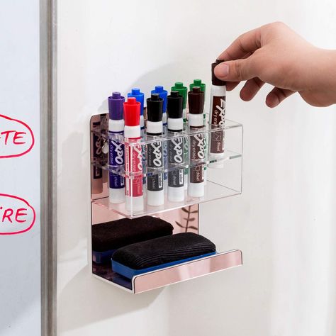 - Acrylic dry-erase marker and an eraser storage rack with sleek rose gold finish. Great for use next to any whiteboard in a home, classroom, or work setting - Features 10 slots specifically designed to hold dry-erase markers. - 1 lower tray allows storage of erasers and rags - Can be mounted to wall surfaces with the proper hardware Whiteboard Marker Holder, Dry Erase Marker Holder, Shadow Box Shelves, Dry Erase Wall, Marker Storage, Acrylic Storage, Whiteboard Marker, Wood Shadow Box, Supplies Organization