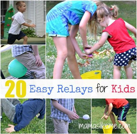 Mamas Like Me: 20+ Relay Races for Kids...get ready for fun this summer! Preschool Relay Race Games, Relay Races For Kids, Kids Relay Races, Relay Race Games, Camping Party Games, Relay Games, Camp Games, Playground Games, Reunion Games