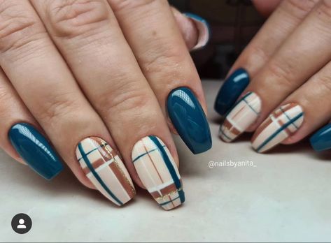 Navy Blue And Brown Nails, Plaid Almond Nails, Navy Plaid Nails, Summer Plaid Nails, Blue Burberry Nails, Navy Blue Plaid Nails, Plaid Nails Orange, Autumn Tartan Nails, Teal Plaid Nails